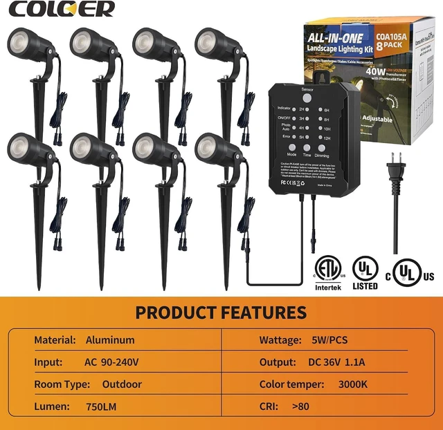 Alt view image 4 of 7 - COLOER 8Pack 5W Landscape Lighting Kit with Transformer