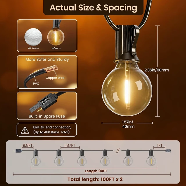 Alt view image 3 of 7 - RTTY 200FT Outdoor String Lights, 100+4 G40 LED Bulbs,Dimmable Patio Lights