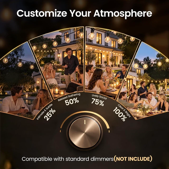Alt view image 5 of 7 - RTTY 200FT Outdoor String Lights, 100+4 G40 LED Bulbs,Dimmable Patio Lights