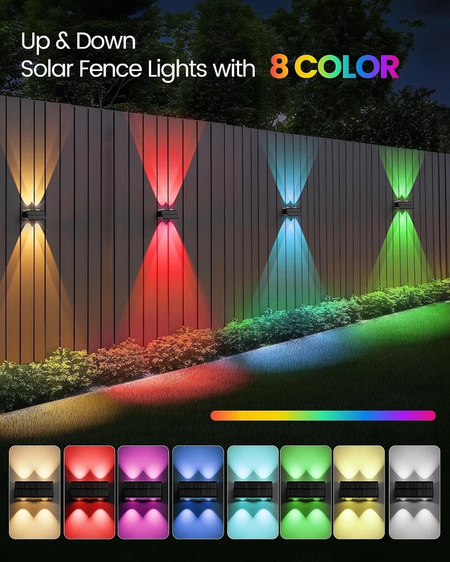 Alt view image 2 of 7 - Bridika Solar Fence Lights, 12 Pack Up and Down Solar Lights Outdoor Waterproof, 8 Colors Lens LED Dusk to Dawn Wall Lights for Fence, Patio, Deck, Backyard, Garden