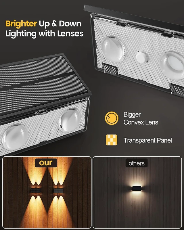 Alt view image 3 of 7 - Bridika Solar Fence Lights, 12 Pack Up and Down Solar Lights Outdoor Waterproof, 8 Colors Lens LED Dusk to Dawn Wall Lights for Fence, Patio, Deck, Backyard, Garden