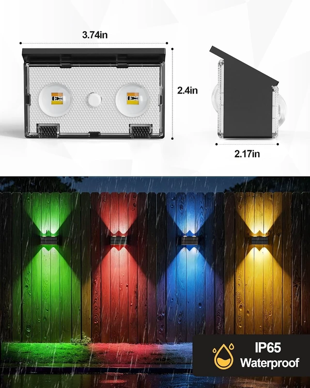 Alt view image 6 of 7 - Bridika Solar Fence Lights, 12 Pack Up and Down Solar Lights Outdoor Waterproof, 8 Colors Lens LED Dusk to Dawn Wall Lights for Fence, Patio, Deck, Backyard, Garden