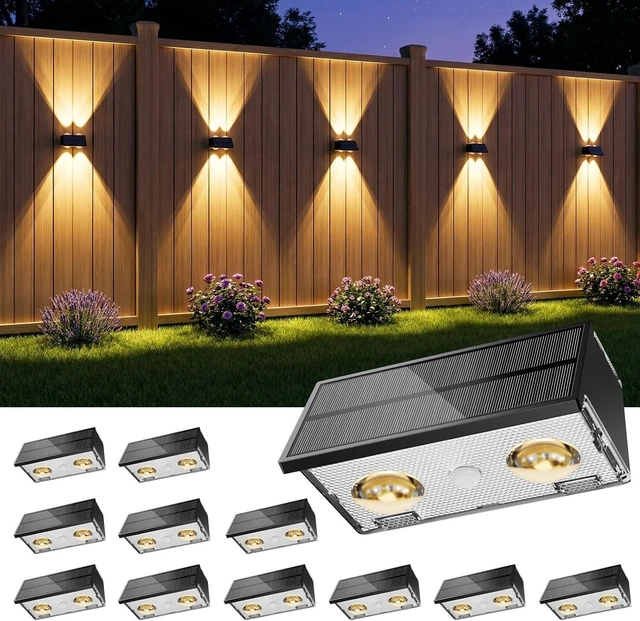 Main image of Bridika Solar Fence Lights, 12 Pack Up and Down Solar Lights Outdoor Waterproof, 8 Colors Lens LED Dusk to Dawn Wall Lights for Fence, Patio, Deck, Backyard, Garden