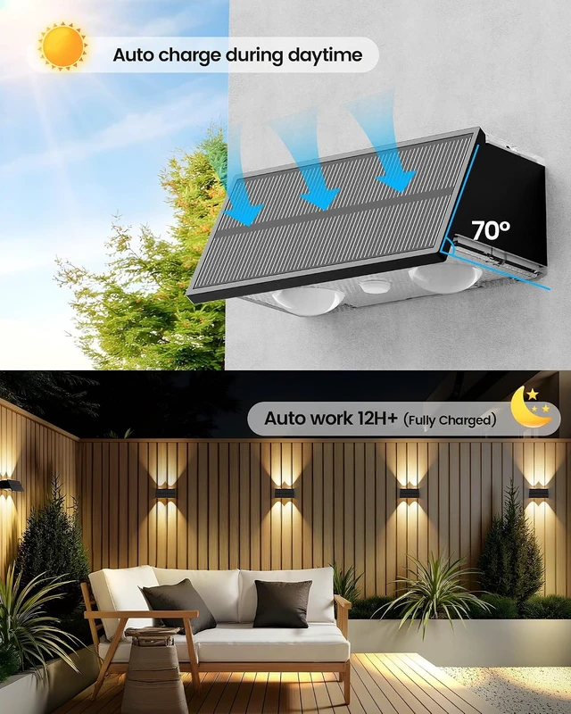 Alt view image 5 of 7 - Bridika Solar Fence Lights, 12 Pack Up and Down Solar Lights Outdoor Waterproof, 8 Colors Lens LED Dusk to Dawn Wall Lights for Fence, Patio, Deck, Backyard, Garden