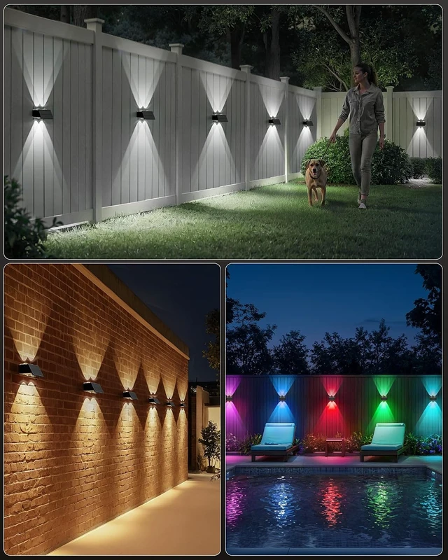 Alt view image 7 of 7 - Bridika Solar Fence Lights, 12 Pack Up and Down Solar Lights Outdoor Waterproof, 8 Colors Lens LED Dusk to Dawn Wall Lights for Fence, Patio, Deck, Backyard, Garden
