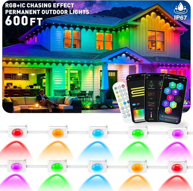 Main image of LITSOUL 600FT Permanent Outdoor Lights for House RGB+IC, Chasing Effect Smart RGB+IC Eave LED Lighting with 16 Million Colors, Waterproof Outdoor Strip Lights for Christmas Halloween Holiday Daily