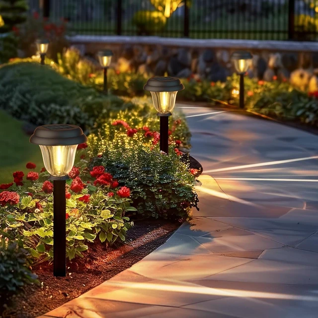Alt view image 2 of 7 - DERAYSION 8 Pack Solar Lights Outdoor, Stainless Steel Glass Solar Pathway Lights, Auto On/Off Long-Lasting Waterproof Garden Lights for Landscape, Path, Yard, Driveway, Walkway Decor (Warm White)