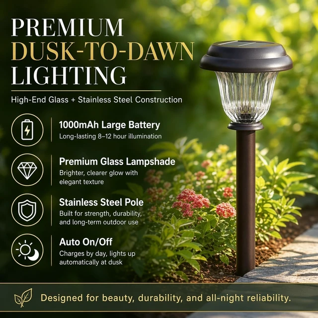 Alt view image 3 of 7 - DERAYSION 8 Pack Solar Lights Outdoor, Stainless Steel Glass Solar Pathway Lights, Auto On/Off Long-Lasting Waterproof Garden Lights for Landscape, Path, Yard, Driveway, Walkway Decor (Warm White)