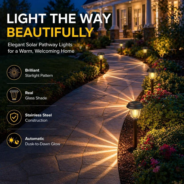 Alt view image 6 of 7 - DERAYSION 8 Pack Solar Lights Outdoor, Stainless Steel Glass Solar Pathway Lights, Auto On/Off Long-Lasting Waterproof Garden Lights for Landscape, Path, Yard, Driveway, Walkway Decor (Warm White)