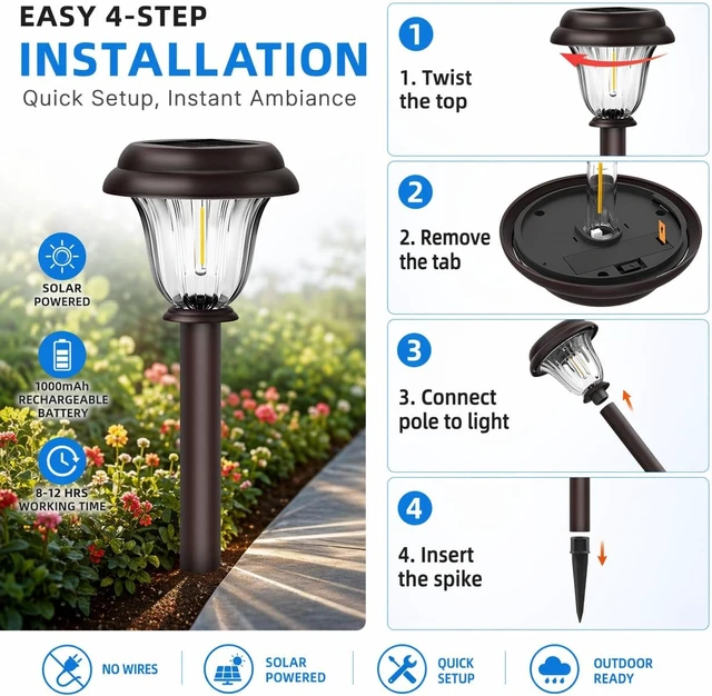 Alt view image 7 of 7 - DERAYSION 8 Pack Solar Lights Outdoor, Stainless Steel Glass Solar Pathway Lights, Auto On/Off Long-Lasting Waterproof Garden Lights for Landscape, Path, Yard, Driveway, Walkway Decor (Warm White)