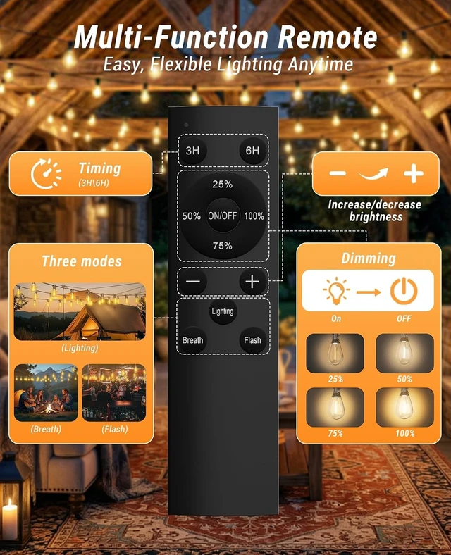 Alt view image 2 of 7 - Tenmiro 200FT LED Outdoor String Lights with Remote, 72+2 Shatterproof Bulbs Dimmable Timing 3 Light Modes Outside Patio Lights for Backyard Porch Deck Garden Balcony Pool party Hanging Lighting Decor