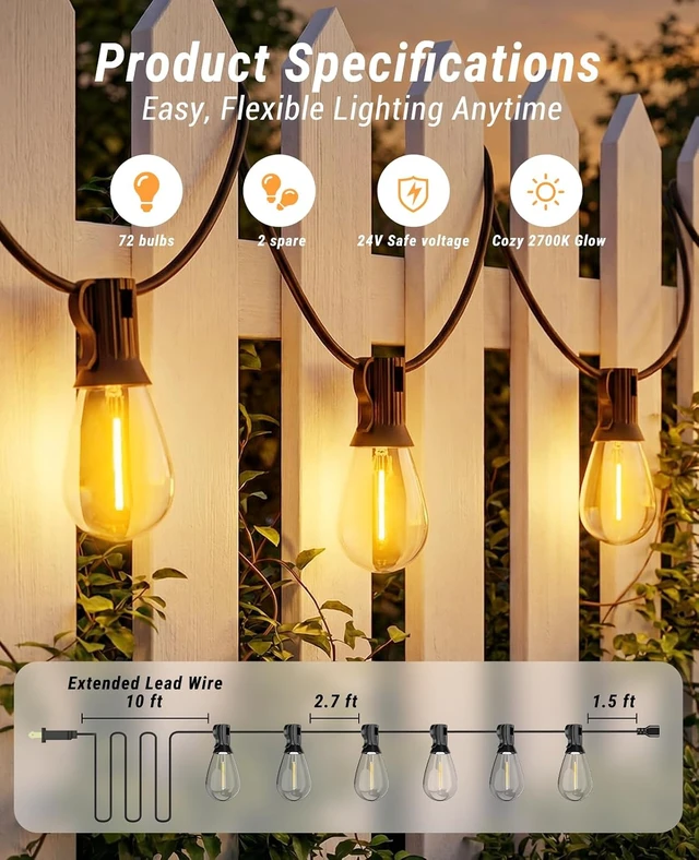Alt view image 6 of 7 - Tenmiro 200FT LED Outdoor String Lights with Remote, 72+2 Shatterproof Bulbs Dimmable Timing 3 Light Modes Outside Patio Lights for Backyard Porch Deck Garden Balcony Pool party Hanging Lighting Decor