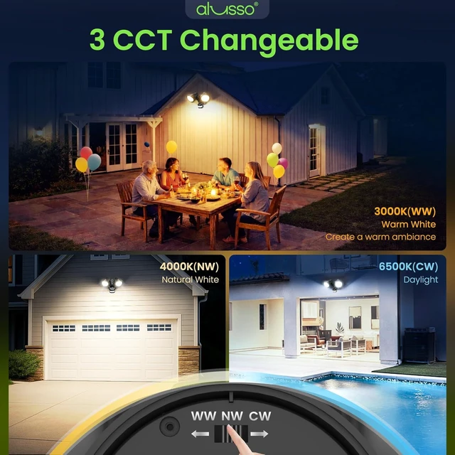 Alt view image 4 of 7 - ALUSSO Motion Sensor Outdoor Lights, 30W 3500LM Flood Lights Outdoor 120V, 3 Modes (Dusk to Dawn/Auto/On Time), 3CCT 3000K/4000K/6500K Waterproof Hardwired Security Light ETL Listed for Porch, 1PC