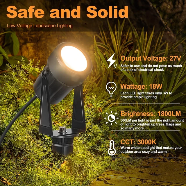 Alt view image 4 of 7 - Outdoor Landscape lighting Low Voltage, 65.6FT Wired LED Spot light with Plug-in Transformer, IP65 Waterproof Outside Uplight 18W 1800LM for Yard Garden Tree Pathway House, Warm White 3000K, Pack of 6