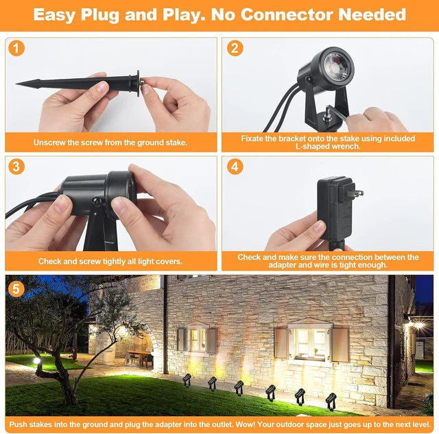 Alt view image 5 of 7 - Outdoor Landscape lighting Low Voltage, 65.6FT Wired LED Spot light with Plug-in Transformer, IP65 Waterproof Outside Uplight 18W 1800LM for Yard Garden Tree Pathway House, Warm White 3000K, Pack of 6
