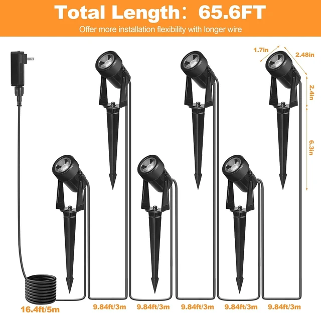 Alt view image 7 of 7 - Outdoor Landscape lighting Low Voltage, 65.6FT Wired LED Spot light with Plug-in Transformer, IP65 Waterproof Outside Uplight 18W 1800LM for Yard Garden Tree Pathway House, Warm White 3000K, Pack of 6