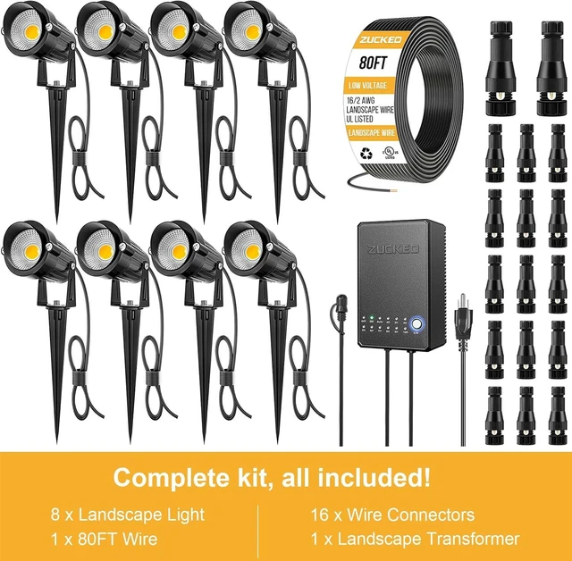 Alt view image 5 of 7 - ZUCKEO All-in-One Landscape Lighting Kit, 5W LED Low Voltage Landscape Lights with Transformer and 80FT Wire, Waterproof Outdoor Spotlight with Connectors for Yard Garden House, 3000K 12-24V 8Pack