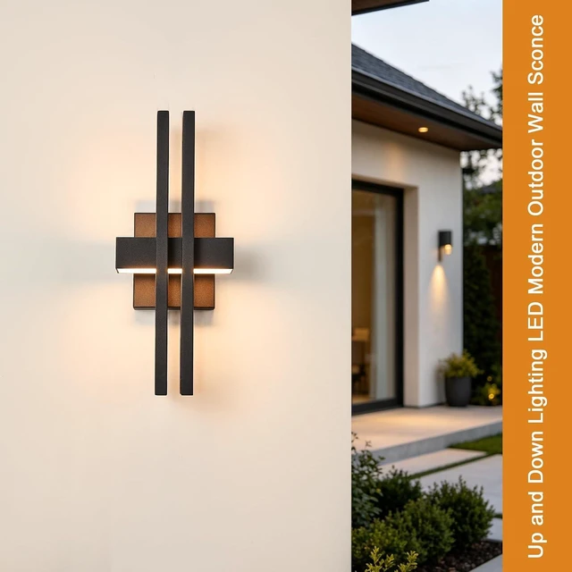 Alt view image 2 of 7 - Outside Light 2 Pack, 15Inch Small Black Outdoor Wall Sconce Waterproof Exterior Light Fixture, Modern Wall Mount, Decorative LED Lighting for Patio Garage Yard Backyard Apartment Balcony