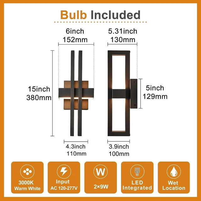 Alt view image 5 of 7 - Outside Light 2 Pack, 15Inch Small Black Outdoor Wall Sconce Waterproof Exterior Light Fixture, Modern Wall Mount, Decorative LED Lighting for Patio Garage Yard Backyard Apartment Balcony