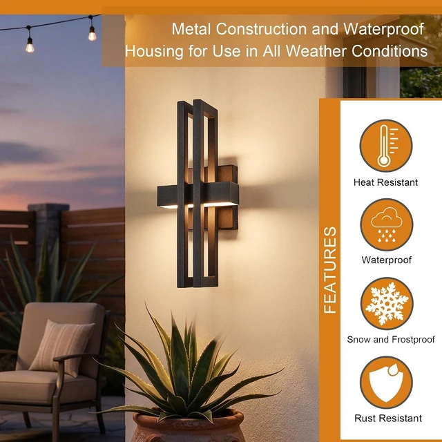 Alt view image 7 of 7 - Outside Light 2 Pack, 15Inch Small Black Outdoor Wall Sconce Waterproof Exterior Light Fixture, Modern Wall Mount, Decorative LED Lighting for Patio Garage Yard Backyard Apartment Balcony