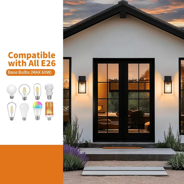 Alt view image 5 of 7 - Outdoor Light Fixtures Wall Mount, Waterproof Front Porch Lights, Modern Exterior Lighting Fixtures with E26 Socket, Black Wall Sconces Lantern Lamp, Outside Lights for House, Garage, Patio (2 Pack