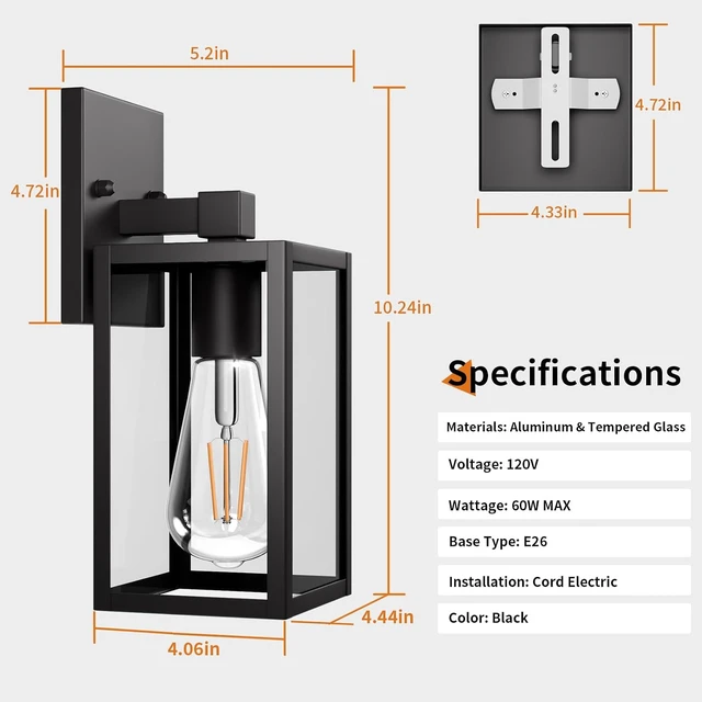 Alt view image 6 of 7 - Outdoor Light Fixtures Wall Mount, Waterproof Front Porch Lights, Modern Exterior Lighting Fixtures with E26 Socket, Black Wall Sconces Lantern Lamp, Outside Lights for House, Garage, Patio (2 Pack