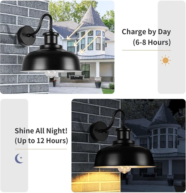Alt view image 4 of 7 - Solar Barn Lights for Outside, Outdoor Wall Lights Solar Powered, Farmhouse Exterior Wall Sconces, Industrial Exterior Lighting Fixture, Rustic Lantern for Garage, Barn, Shed,RZSR007-2