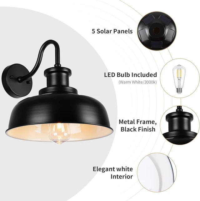 Alt view image 3 of 7 - Solar Barn Lights for Outside, Outdoor Wall Lights Solar Powered, Farmhouse Exterior Wall Sconces, Industrial Exterior Lighting Fixture, Rustic Lantern for Garage, Barn, Shed,RZSR007-2