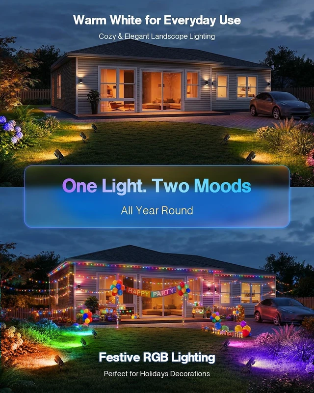 Alt view image 2 of 7 - HIBOITEC RGBWW Low Voltage Landscape Lights 12-Pack, ETL Listed IP65 Outdoor LED Spotlights with Timer & Dual Remote, 12-24V Color Changing Uplighting for Yard Trees(Transformers NOT Included)