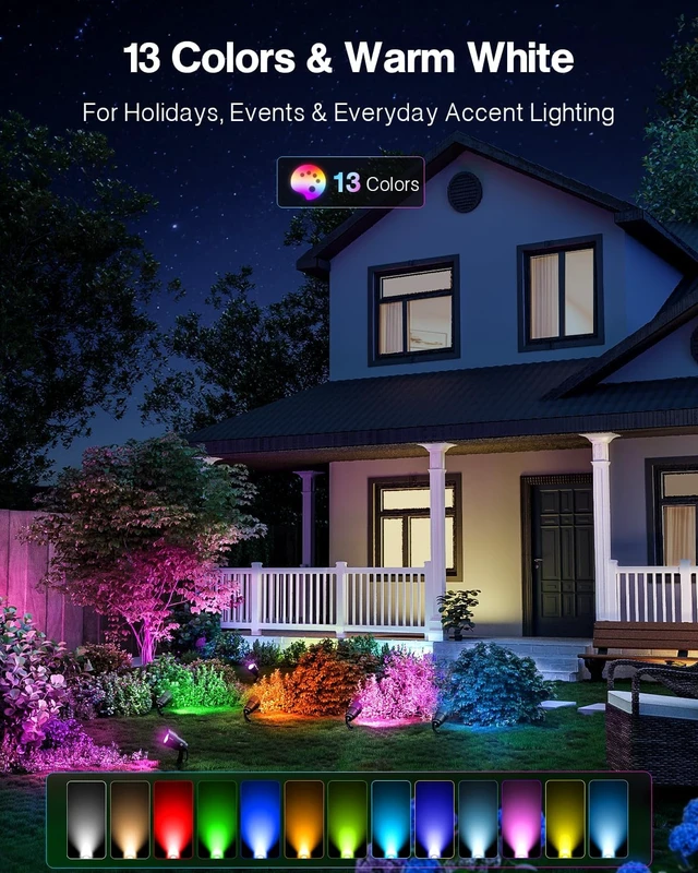 Alt view image 4 of 7 - HIBOITEC RGBWW Low Voltage Landscape Lights 12-Pack, ETL Listed IP65 Outdoor LED Spotlights with Timer & Dual Remote, 12-24V Color Changing Uplighting for Yard Trees(Transformers NOT Included)