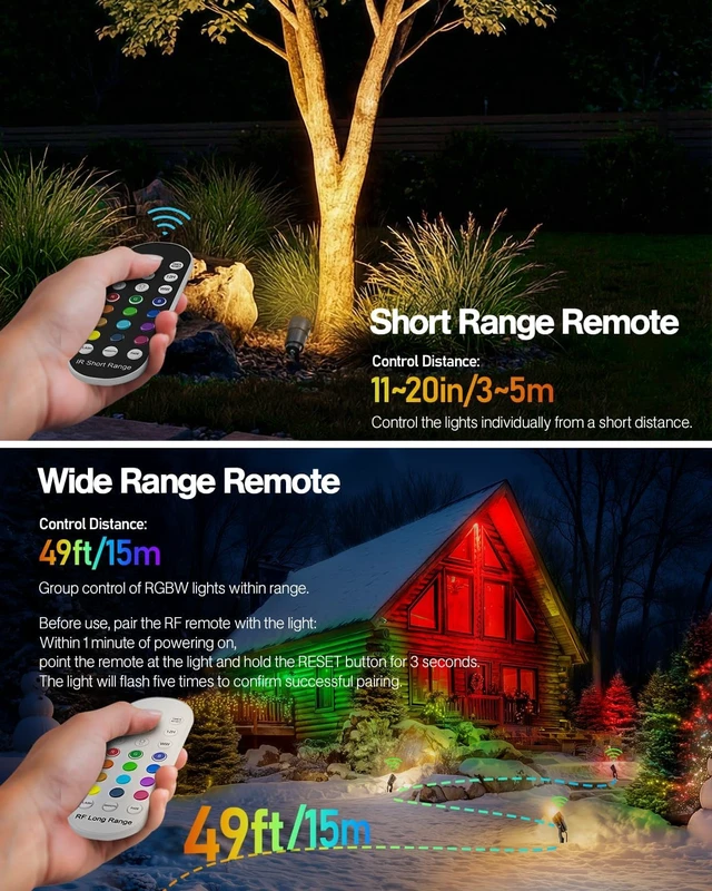 Alt view image 5 of 7 - HIBOITEC RGBWW Low Voltage Landscape Lights 12-Pack, ETL Listed IP65 Outdoor LED Spotlights with Timer & Dual Remote, 12-24V Color Changing Uplighting for Yard Trees(Transformers NOT Included)