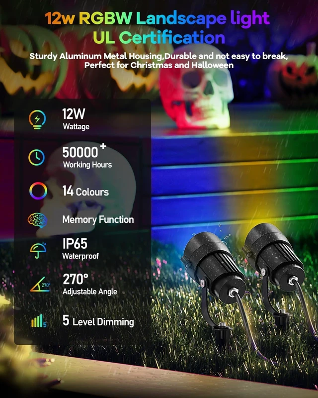 Alt view image 6 of 7 - HIBOITEC RGBWW Low Voltage Landscape Lights 12-Pack, ETL Listed IP65 Outdoor LED Spotlights with Timer & Dual Remote, 12-24V Color Changing Uplighting for Yard Trees(Transformers NOT Included)