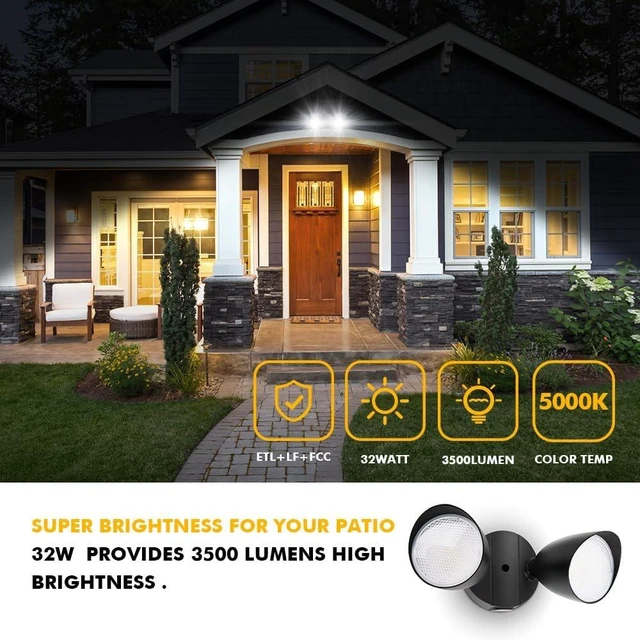 Alt view image 3 of 7 - LUTEC 6222B-D2D 3500 Lumen 32 Watt Dusk to Dawn Dual-Head Flood Light Outdoor Waterproof Exterior Security Floodlight Light, Full Metal Design for Patio, Garden, Yard-Black