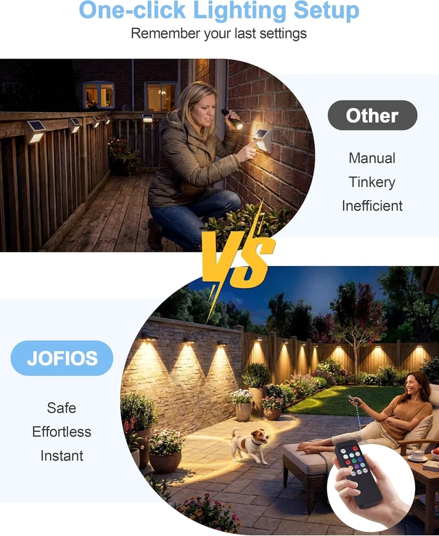 Alt view image 5 of 7 - JOFIOS Fence Lights Solar Powered with Remote 12 Pack, Warm White, Cool White and RGB Color Glow LED Solar Lights Outdoor, Dusk to Dawn Solar Fence Lights for Patio, Backyard, Railing, Deck, and Wall