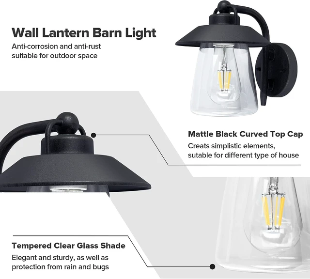Alt view image 3 of 6 - LUTEC Outdoor Indoor Wall Lantern, Farmhouse Barn Wall Sconce Lighting Fixture,Matte Black Finish Anti-Rust Wall Mount Light, Waterproof Wall lamp with Clear Glass for Porch, Exterior, Patio