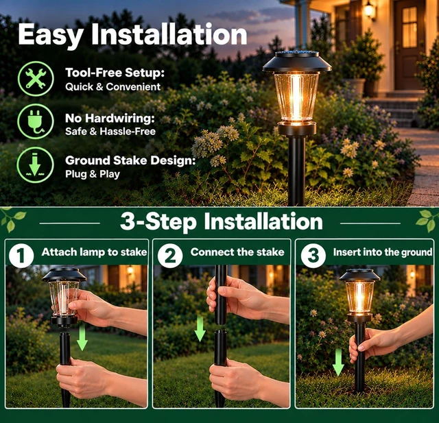 Alt view image 6 of 7 - Solar Pathway Lights Outdoor, 8 Pack Warm White Tungsten Filament Solar Lights, 3 Lighting Modes, Auto On/Off, IP65 Waterproof, Dusk to Dawn Solar Garden Lights for Yard, Driveway, Lawn & Landscape