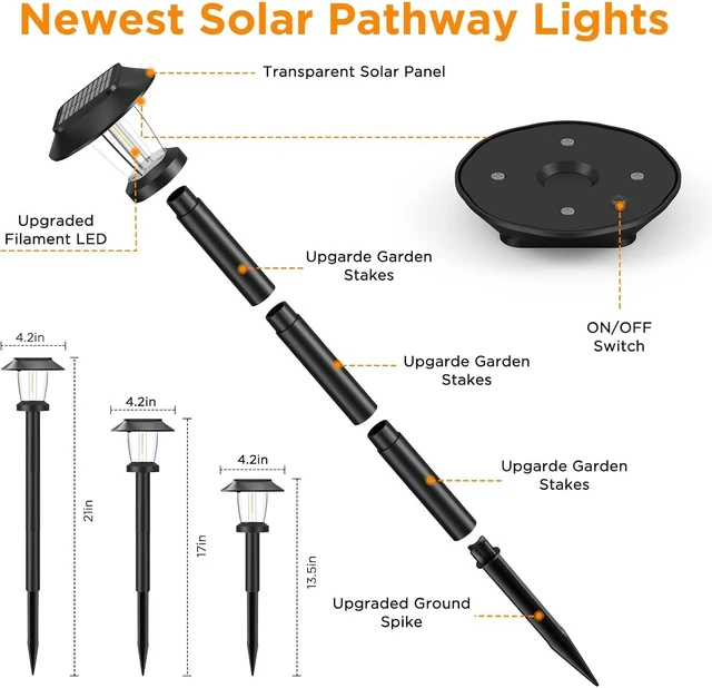 Alt view image 7 of 7 - Solar Pathway Lights Outdoor, 8 Pack Warm White Tungsten Filament Solar Lights, 3 Lighting Modes, Auto On/Off, IP65 Waterproof, Dusk to Dawn Solar Garden Lights for Yard, Driveway, Lawn & Landscape