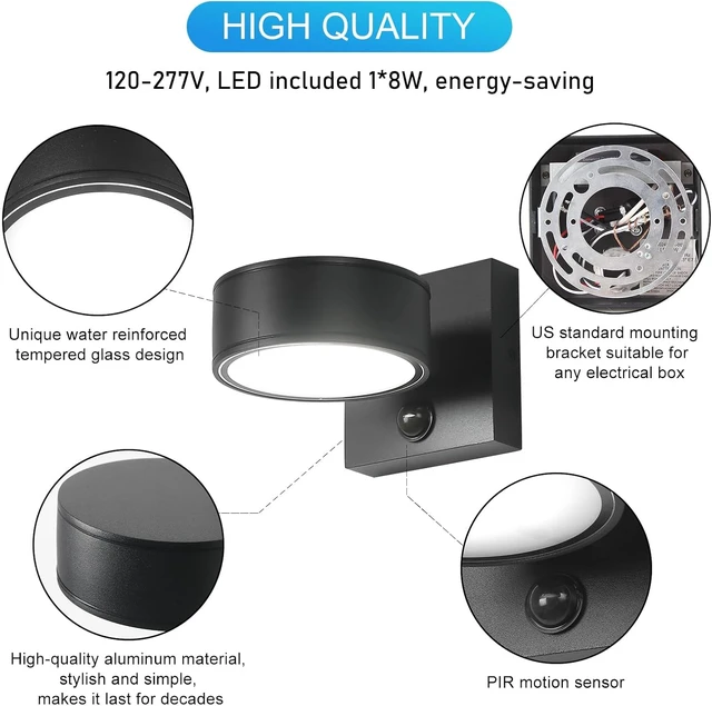 Alt view image 5 of 6 - Motion Sensor Outdoor Lights, Aluminum Outdoor Wall Sconce, LED Porch Lights, Exterior Lighting fixtures, Waterproof 3000K/4000K/5000K Front Porch Light for Garage Enterway