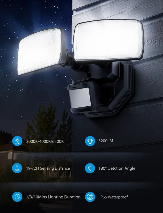 Alt view image 3 of 7 - Onforu 32W 2 Head Motion Sensor Outdoor Lights, 3200LM 3CCT 3000K/4000K/6500K LED Security Light Hardwired, Dusk to Dawn, Motion Light for Outside, IP65 Waterproof Flood Light for Garage, Yard(Black)