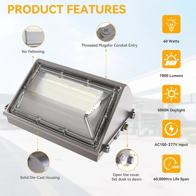 Alt view image 3 of 7 - 60W LED Wall Pack Light with Dusk to Dawn Photocell, 7800LM, 5000K