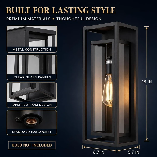 Alt view image 3 of 7 - 18 Inch 1 Pack Outdoor Wall Lantern Light FixtureLarge Black Exterior Wall Sconce with Clear Glass | Waterproof Anti-Rust Porch Light with E26 Socket for Entryway, Patio, Garage