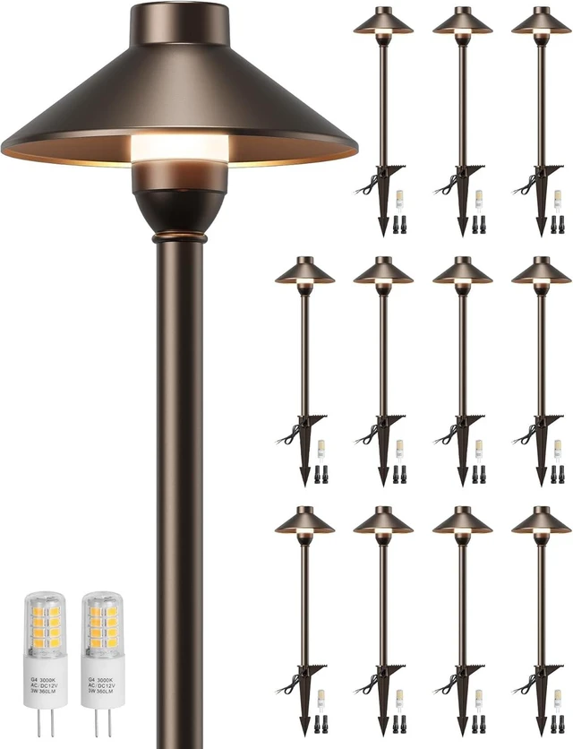 Main image of PARTPHONER Low Voltage Landscape Lighting 12-Pack, Aluminum 12V Pathway Lights with G4 Bulbs, Waterproof Oil Rubbed Bronze Color Wired Path Lights with Connectors for Walkway Yard Garden