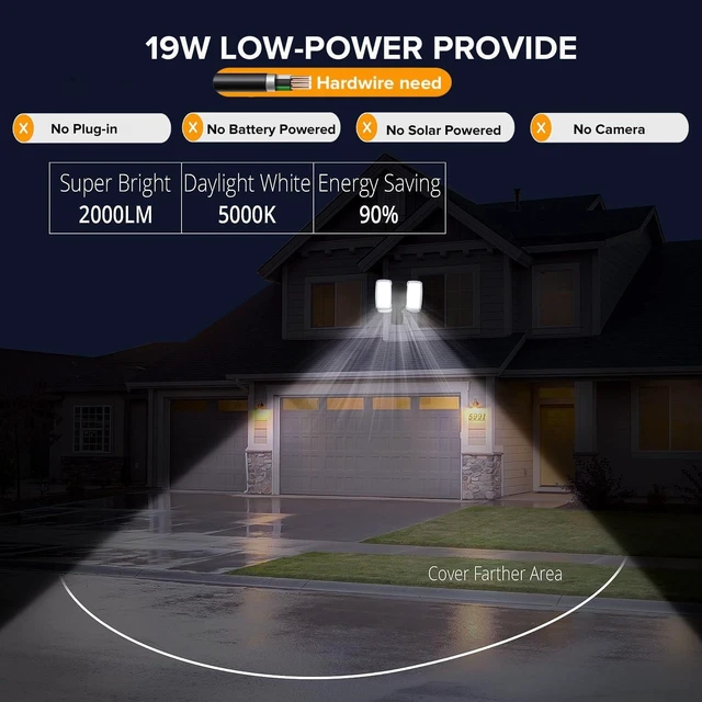 Alt view image 2 of 7 - UME 19W LED Flood Light Motion Sensor Outdoor, 2 Adjustable Head, 2000LM, 5000K, IP65 Waterproof, Dusk to Dawn Security Light with Photocell for Exterior,Outside,Garage,House(Black)