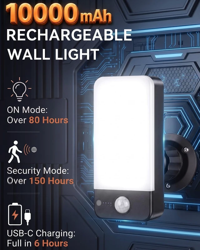 Alt view image 3 of 7 - Rechargeable Battery Operated Outdoor Wall Lights, 10000mAh Motion Sensor
