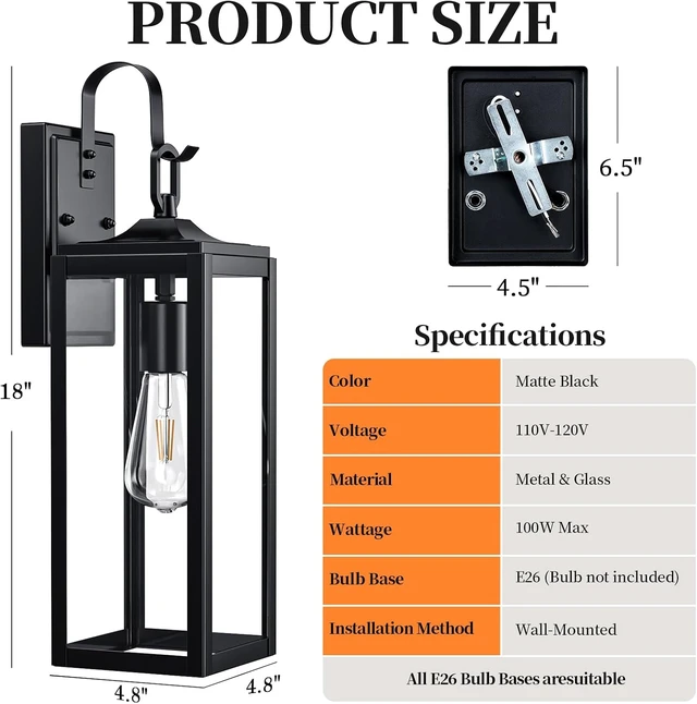Alt view image 7 of 7 - 18'' Large Outdoor Wall Lights 2 Packs, Black Exterior Lighting Fixtures