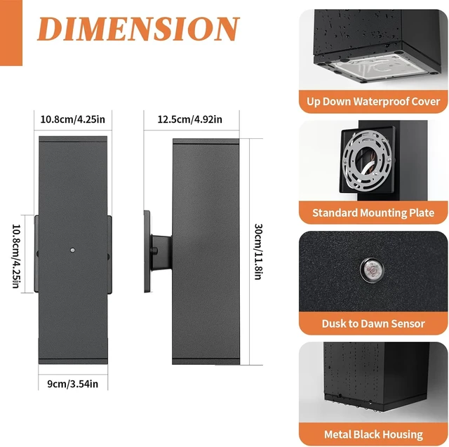 Alt view image 6 of 7 - Dusk to Dawn Outdoor Lighting, LED Porch Light Up Down Exterior Wall Sconce