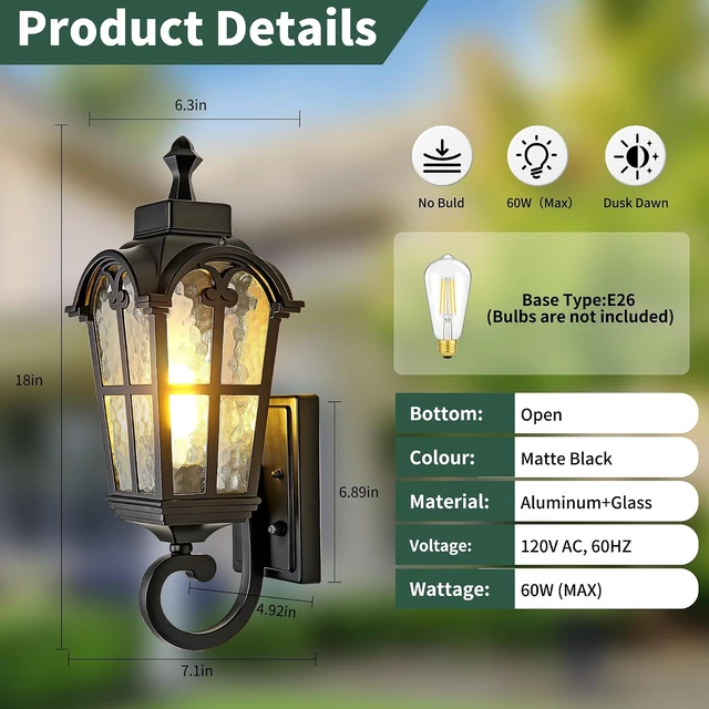 Alt view image 3 of 7 - Dawn to Dusk Sensor Outdoor Wall Light Fixtures Waterproof Porch Lights Anti-Rust Matte Black Sconce Lights Outdoor Wall Lantern for Patio Front Door Garage House