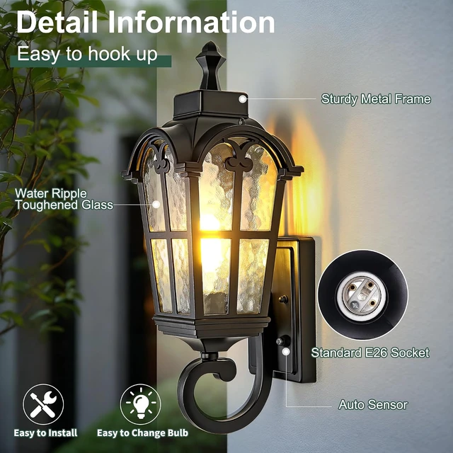 Alt view image 4 of 7 - Dawn to Dusk Sensor Outdoor Wall Light Fixtures Waterproof Porch Lights Anti-Rust Matte Black Sconce Lights Outdoor Wall Lantern for Patio Front Door Garage House