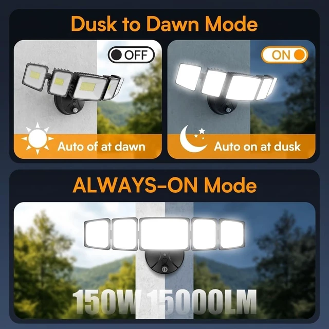 Alt view image 3 of 7 - Onforu 150W Dusk to Dawn Flood Light Outdoor, IP66 Waterproof, 5 Head,Black