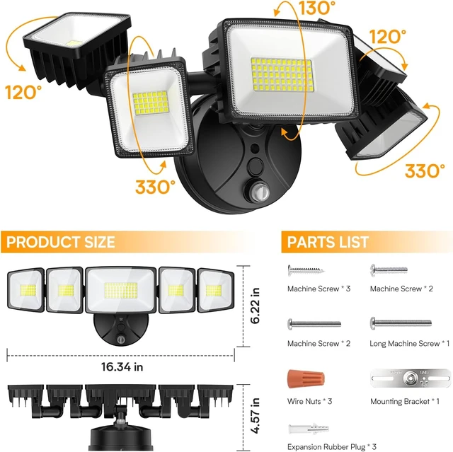 Alt view image 5 of 7 - Onforu 150W Dusk to Dawn Flood Light Outdoor, IP66 Waterproof, 5 Head,Black
